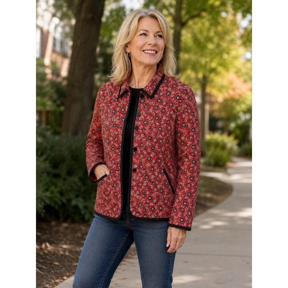 Vintage Silkland 100% Silk Jacket Blazer Red Black Floral Size Petite Large